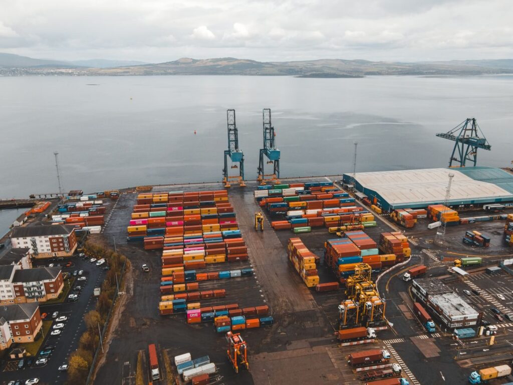 Aerial view of a container port on the water