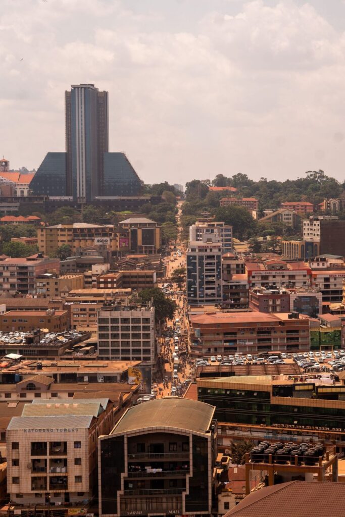 Aerial view of central Kampala with office towers