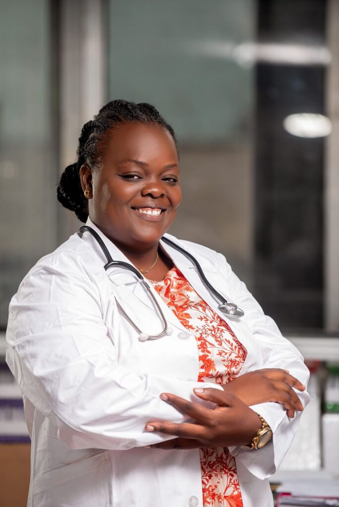 Smiling medical professional in a white coat